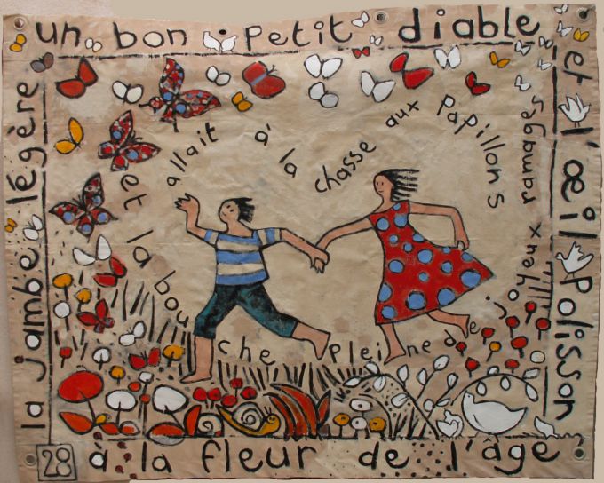 La chasse aux papillons acrylique sur Bâche coton 150*180cm (à suspendre)